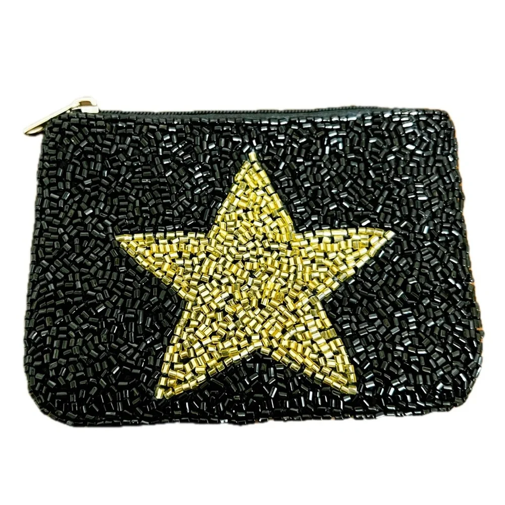 Beaded change purse black beads with gold star EUC - Picture 7 of 7
